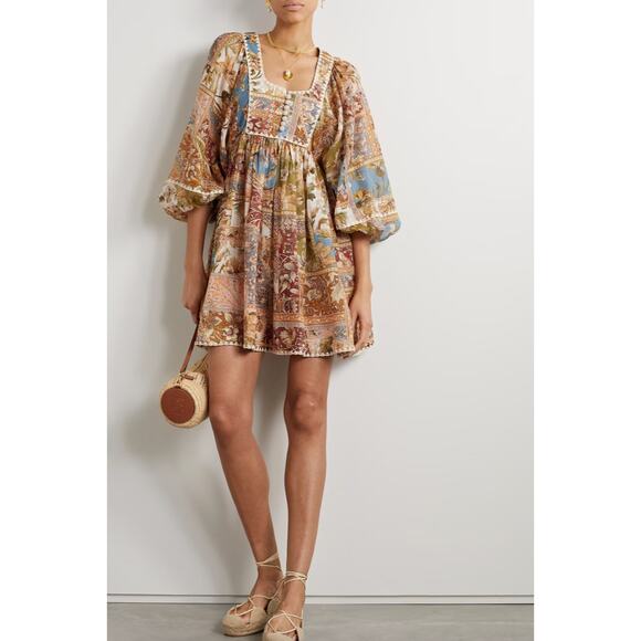 Zimmermann Chintz Billow Mini Dress Floral Crochet Long Sleeves Multi 2 Petite - Picture 4 of 9